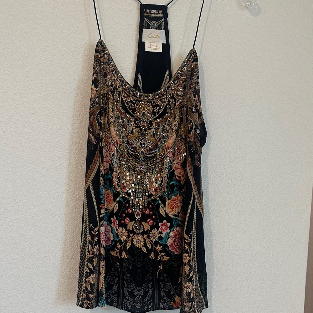 Camilla Black Embellished Floral Silk Tank Top